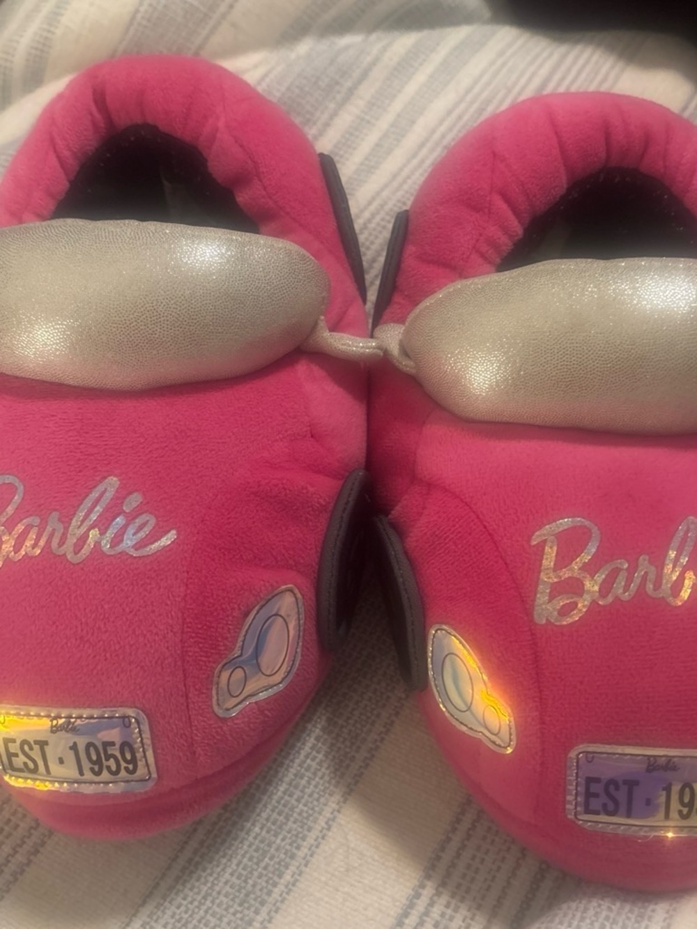 Barbie Hot Pink Plush car Slip-On Slippers sizes 7 7.5 8